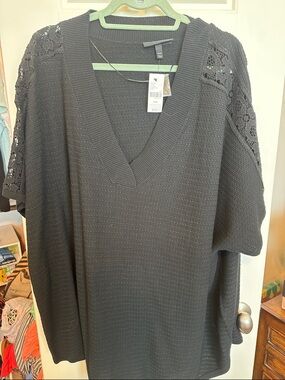 Lane Bryant Black V-Neck Sweater with Lace Shoulder Detail